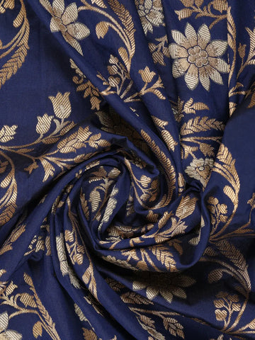 Navy Blue Floral Woven Design Banarasi Silk Saree - Diadem
