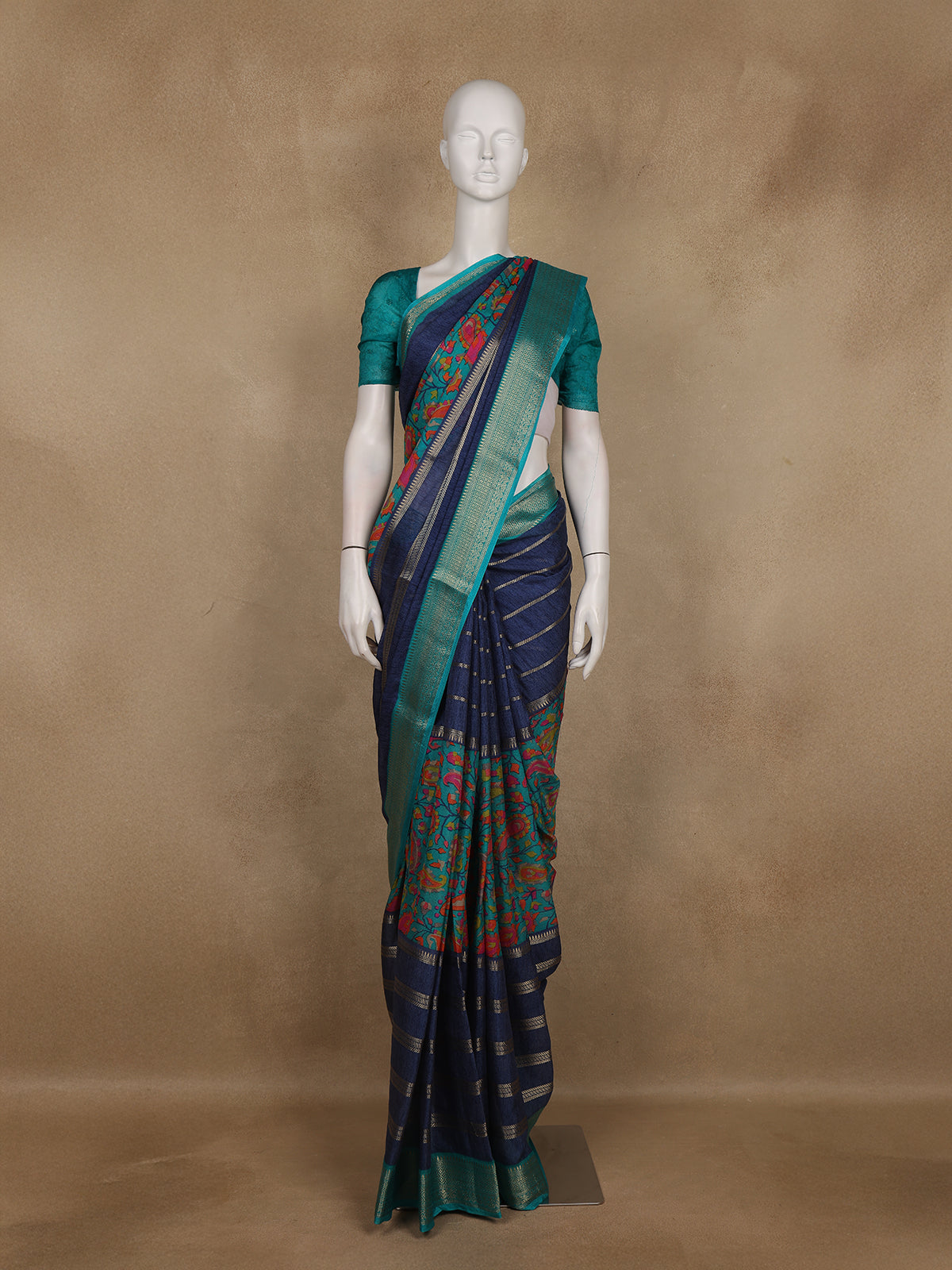 Navy Blue Floral and Stripes Design Mul Mul Cotton Saree