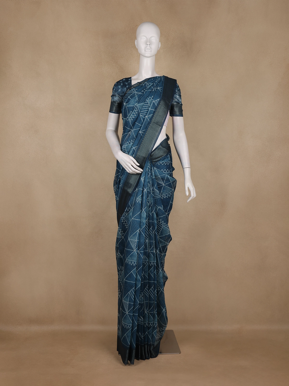 Navy Blue Geometric Printed Chandheri Cotton Saree