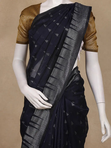 Navy Blue Geometric Woven Kota Cotton Saree - Diadem