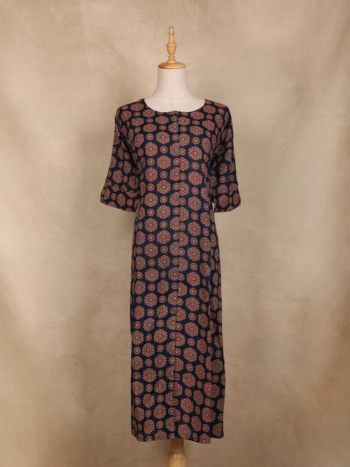 Navy Blue Mandala Floral Design Cotton Kurti