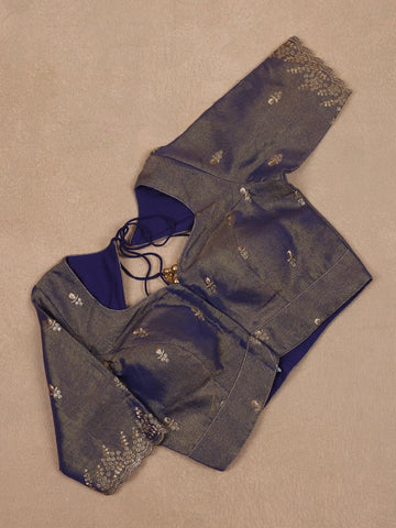 Navy Blue Motifs Design Silk Readymade Blouse - Diadem