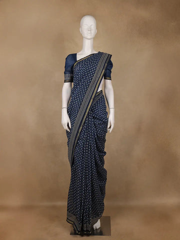 Navy Blue Paisley Design Cotton Saree With Zari Border - Diadem