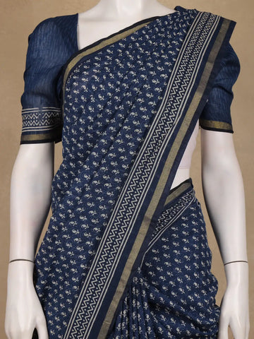 Navy Blue Paisley Design Cotton Saree With Zari Border - Diadem