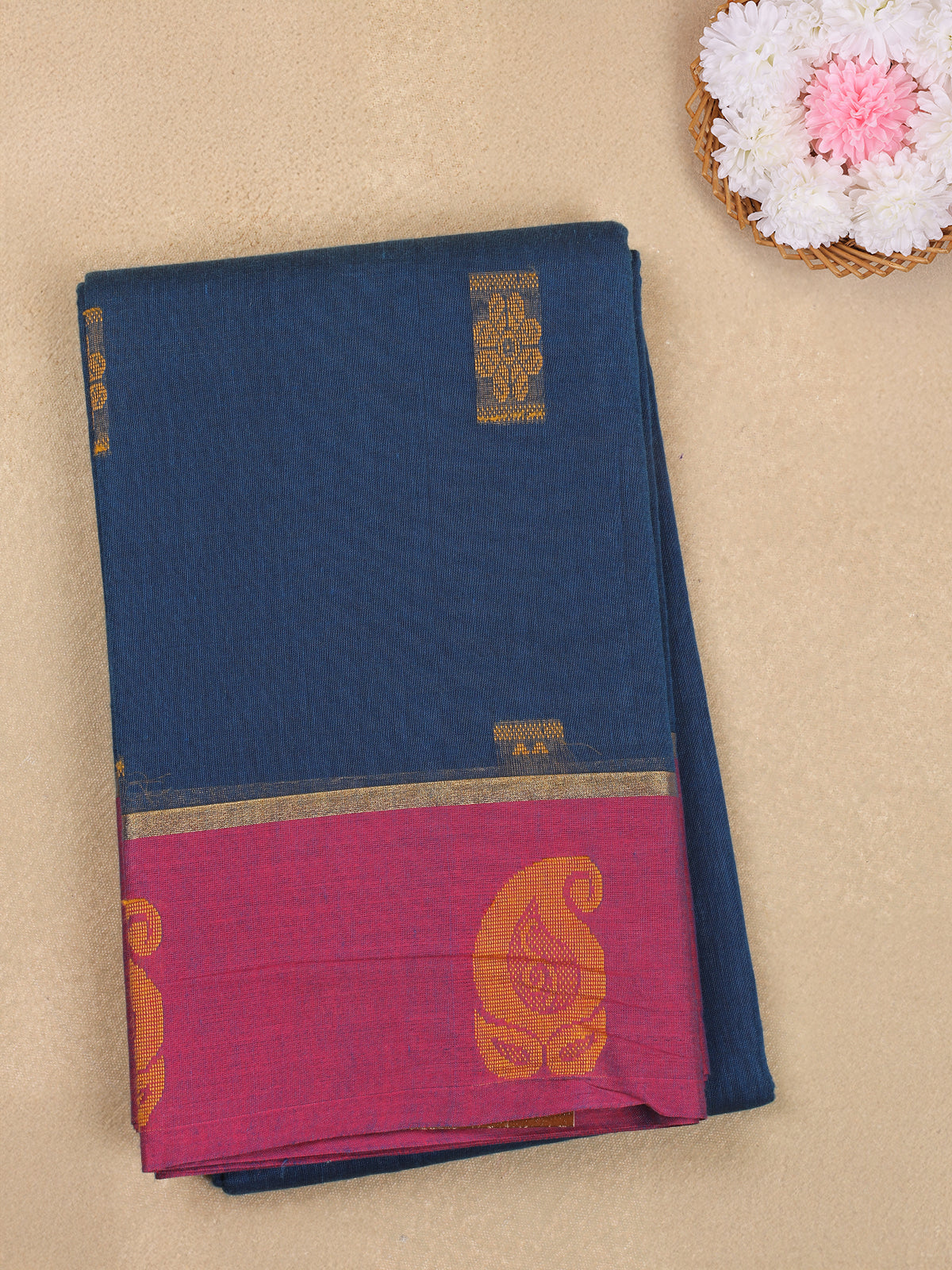 Navy Blue Butta Woven Design Cotton Saree with Zari Border