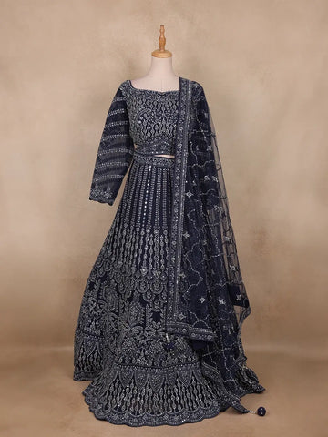Navy Blue Sequins And Mirror Embroidered Net Bridal Lehenga Set - Diadem