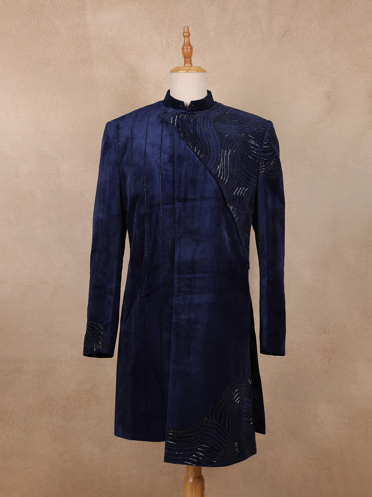 Navy Blue Sequins Design Asymmetrical Velvet Sherwani Suit