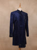 Navy Blue Sequins Design Asymmetrical Velvet Sherwani Suit