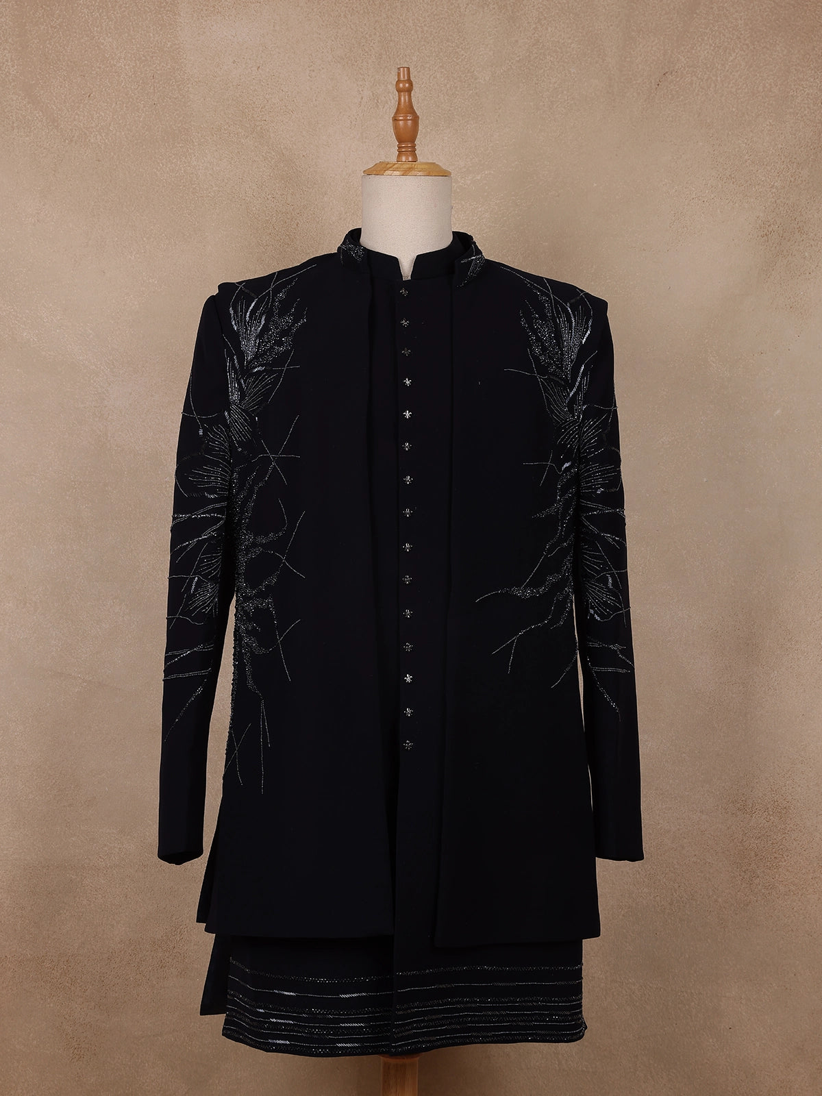 Navy Blue Sequins Design Polynosic Sherwani Suit