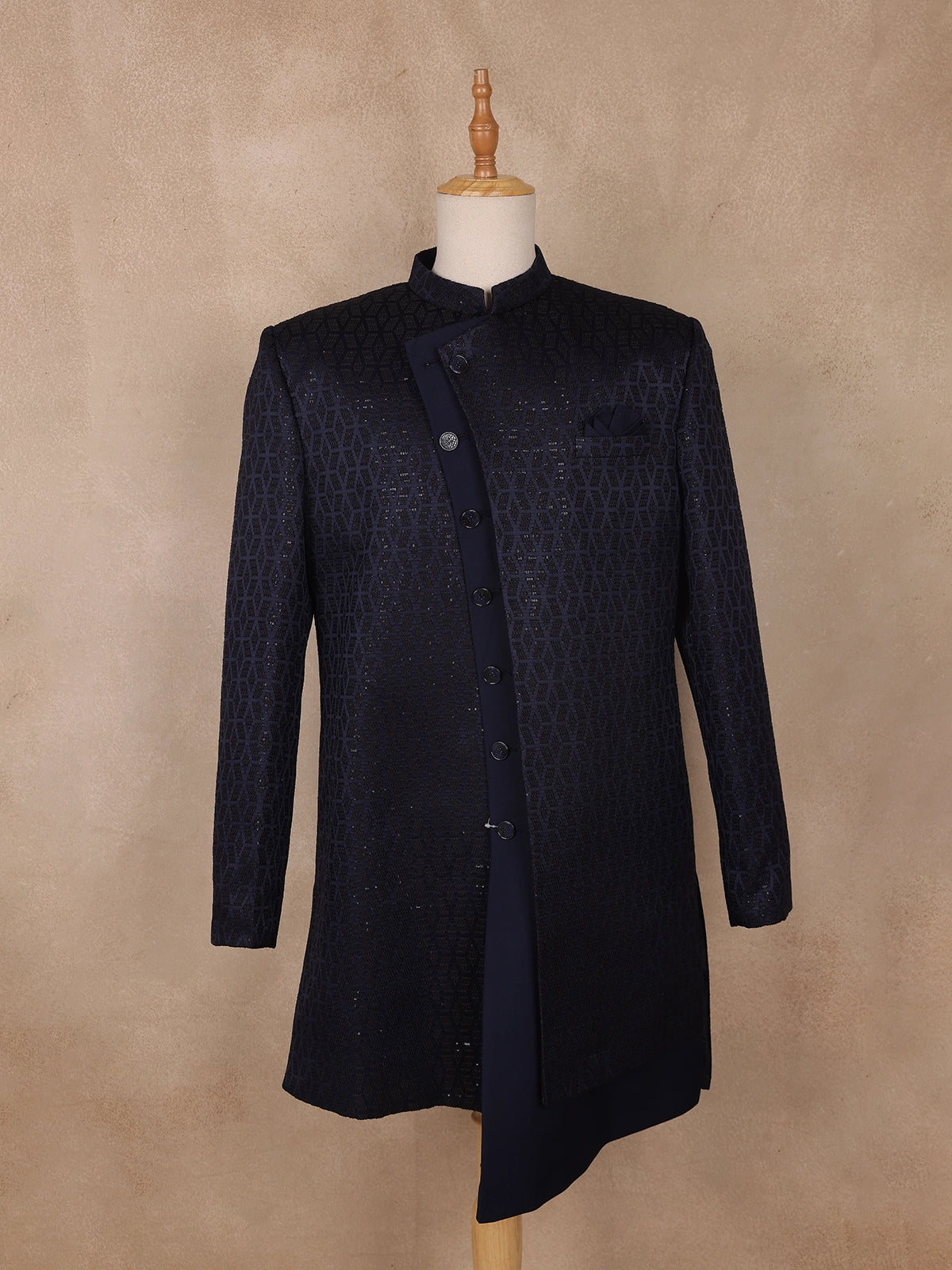 Navy Blue Sequins Design Polynosic Sherwani Suit with Asymmetric Overlap Button Closure