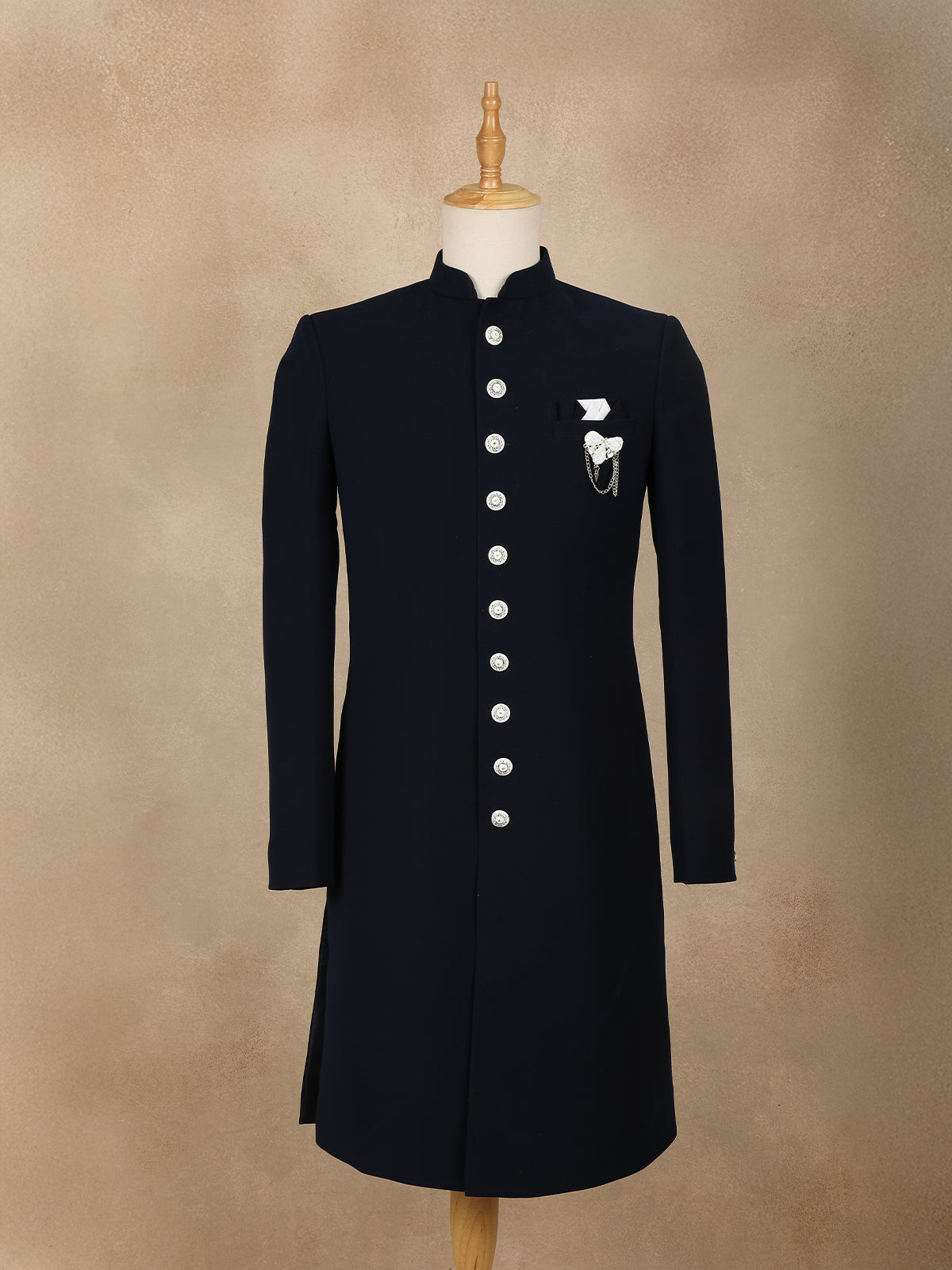 Navy Blue Solid Design Jacquard Indo-Western Sherwani