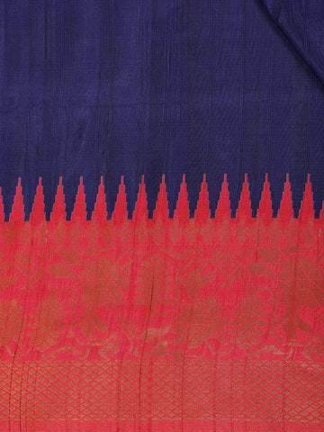 Navy Blue Solid Designed Tussar Silk Saree With Contrast Border - Diadem