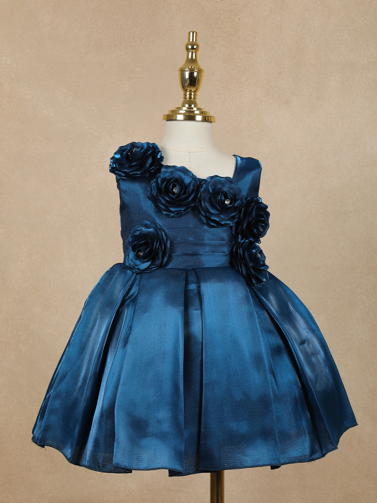 Navy Blue Solid Design with 3D Floral Embellishment Satin Frock