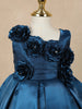 Navy Blue Solid Design with 3D Floral Embellishment Satin Frock