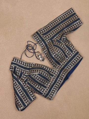 Navy Blue Striped Design Georgette Readymade Blouse - Diadem