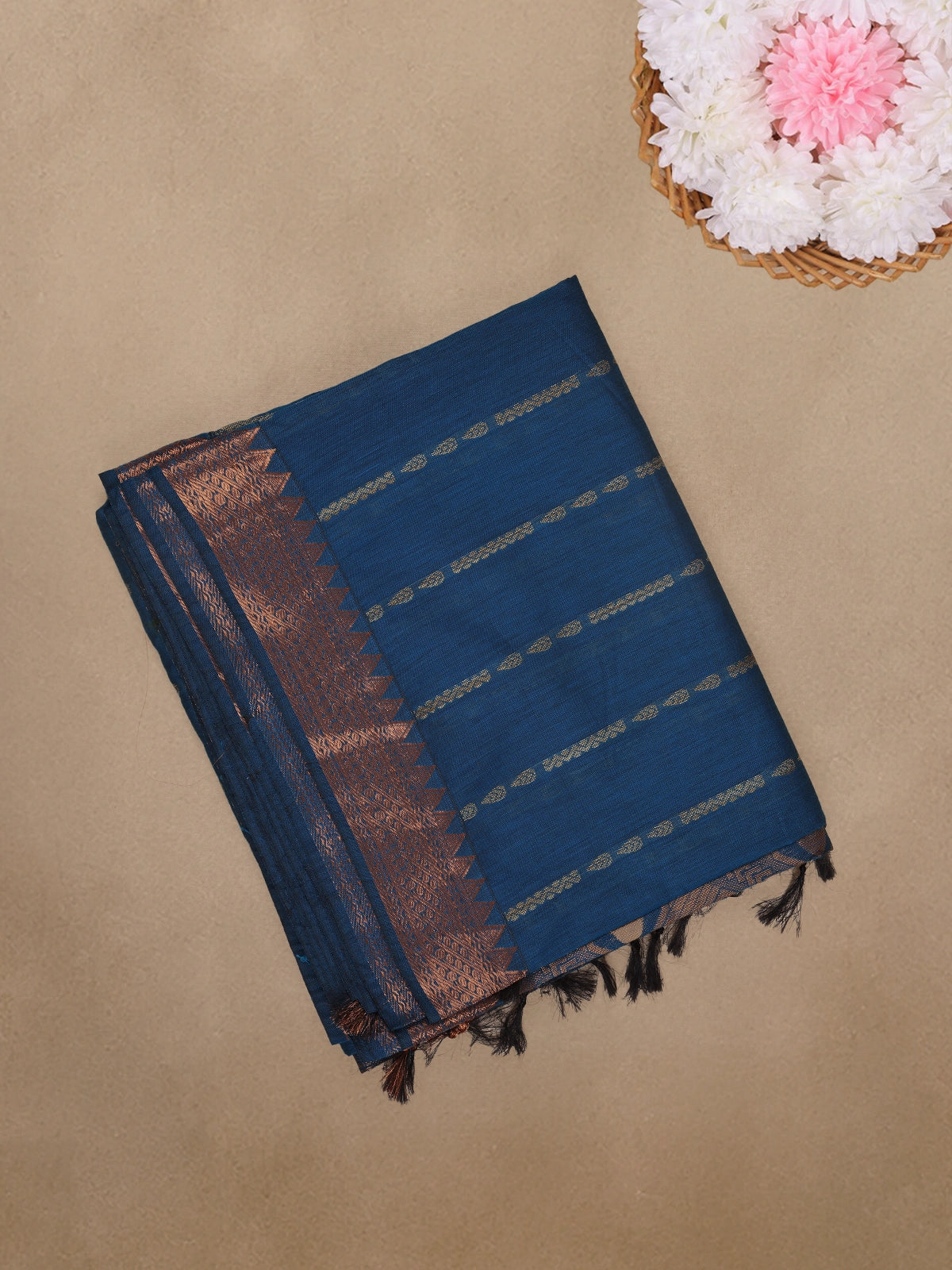 Navy Blue Striped Woven Cotton Saree