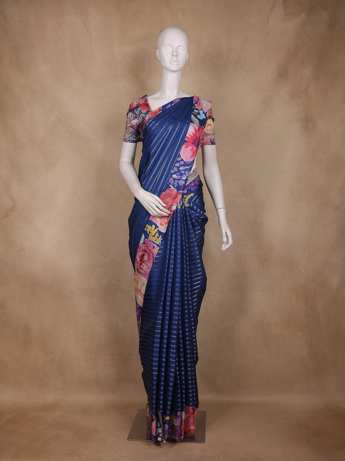 Navy Blue Stripes And Floral Printed Tussar Silk Saree