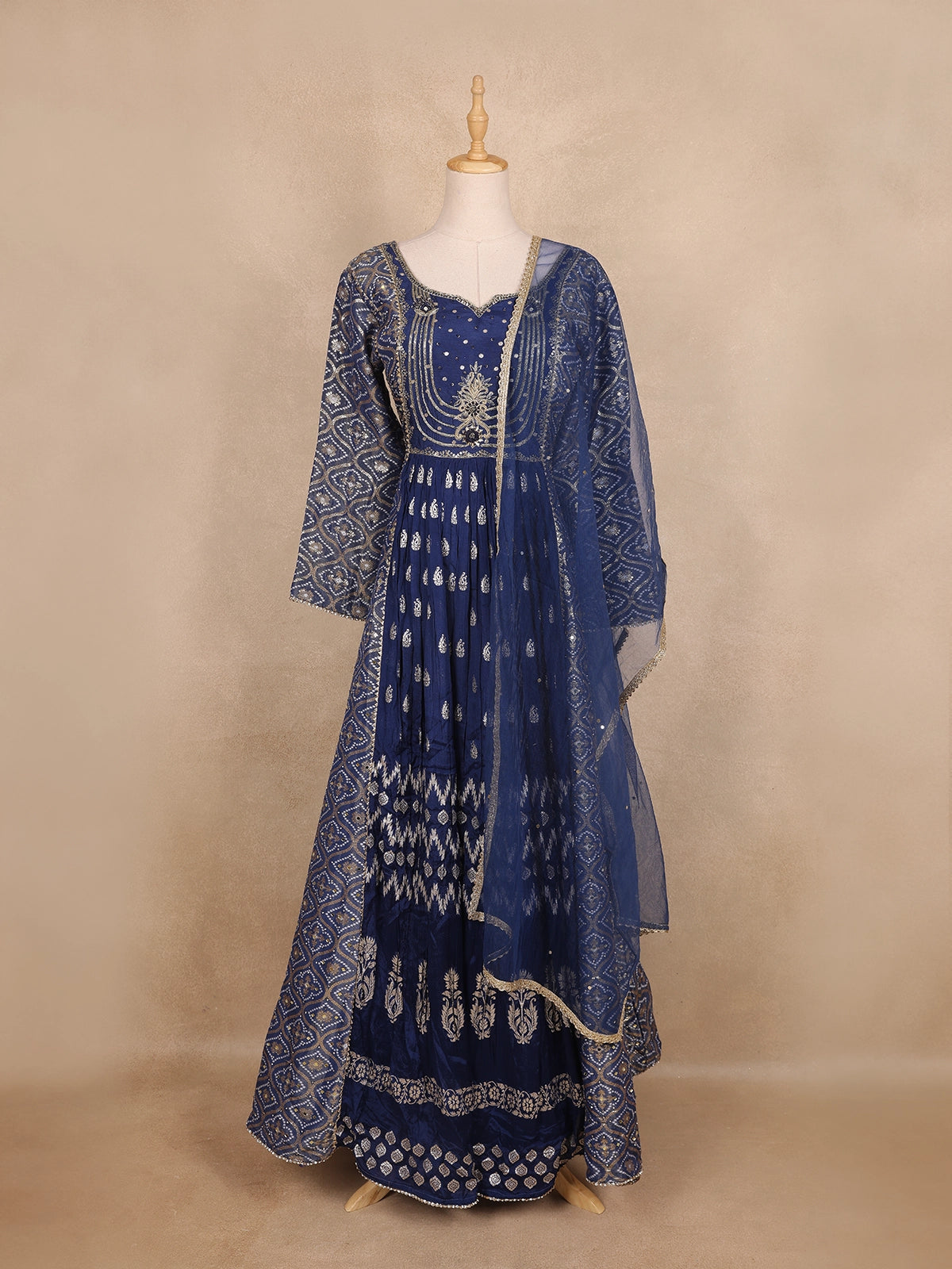 Navy Blue Thread Embroidered  Semi Silk Gown