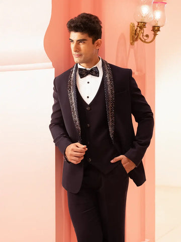 Navy Blue Viscose Men's Suit with Embellished Shawl Collar - Diadem