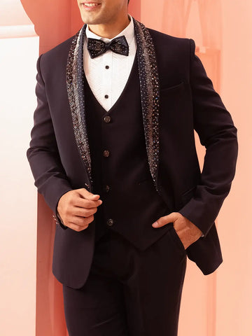 Navy Blue Viscose Men's Suit with Embellished Shawl Collar - Diadem