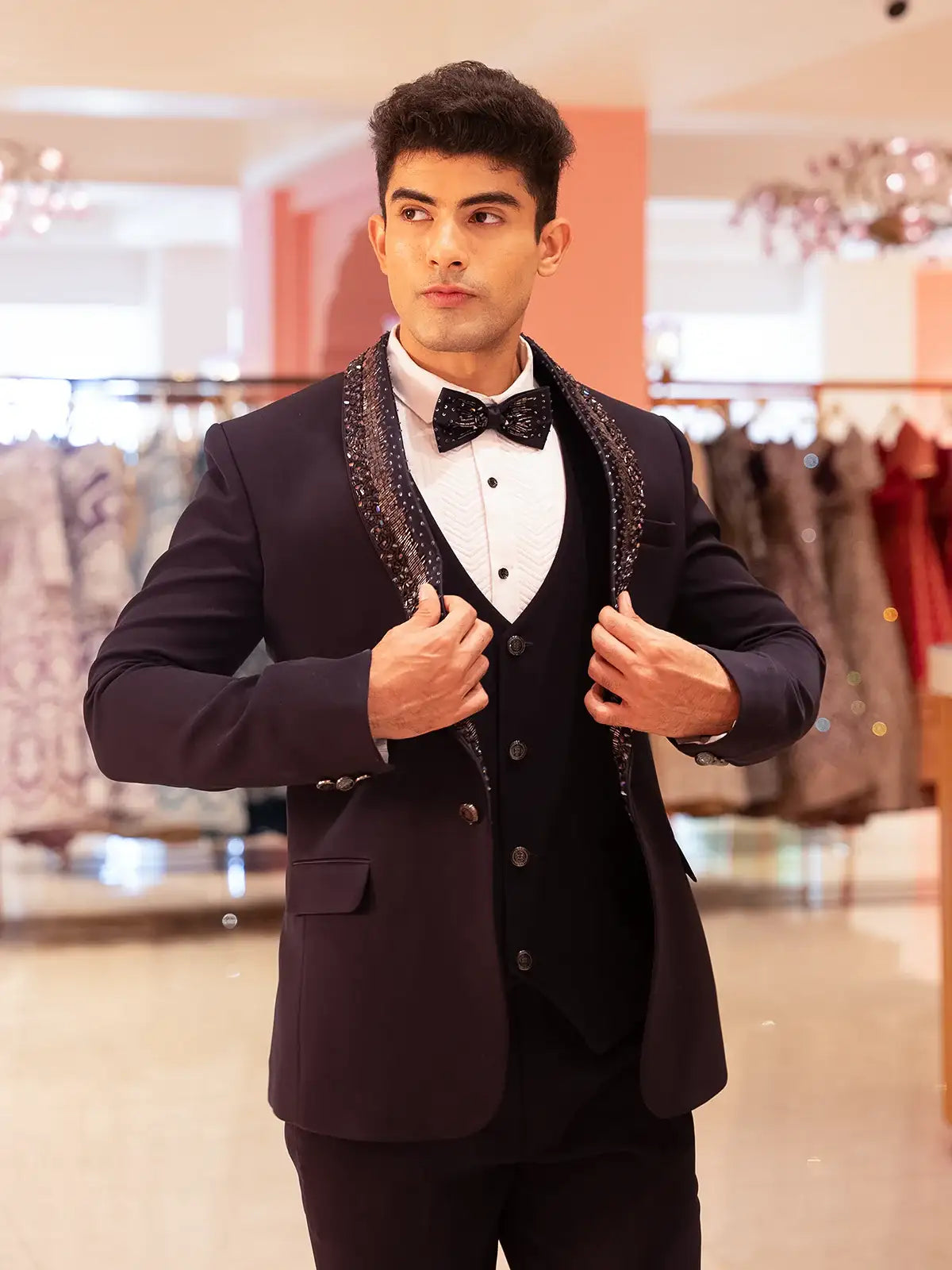 Navy Blue Viscose Men's Suit with Embellished Shawl Collar - Diadem