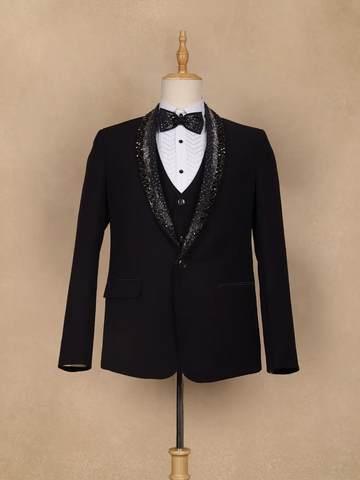 Navy Blue Viscose Men's Suit with Embellished Shawl Collar - Diadem