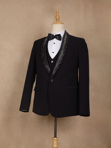 Navy Blue Viscose Men's Suit with Embellished Shawl Collar - Diadem