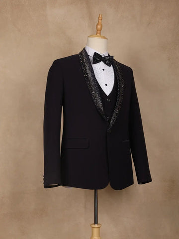 Navy Blue Viscose Men's Suit with Embellished Shawl Collar - Diadem