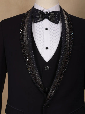 Navy Blue Viscose Men's Suit with Embellished Shawl Collar - Diadem