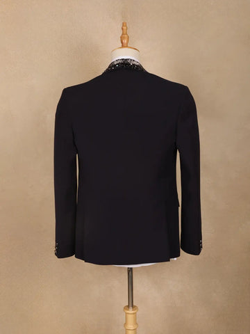 Navy Blue Viscose Men's Suit with Embellished Shawl Collar - Diadem