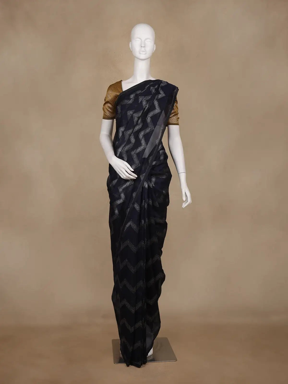 Navy Blue Zigzag Design Kota Cotton Saree - Diadem