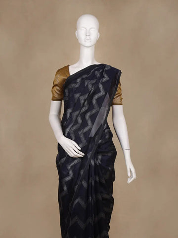 Navy Blue Zigzag Design Kota Cotton Saree - Diadem