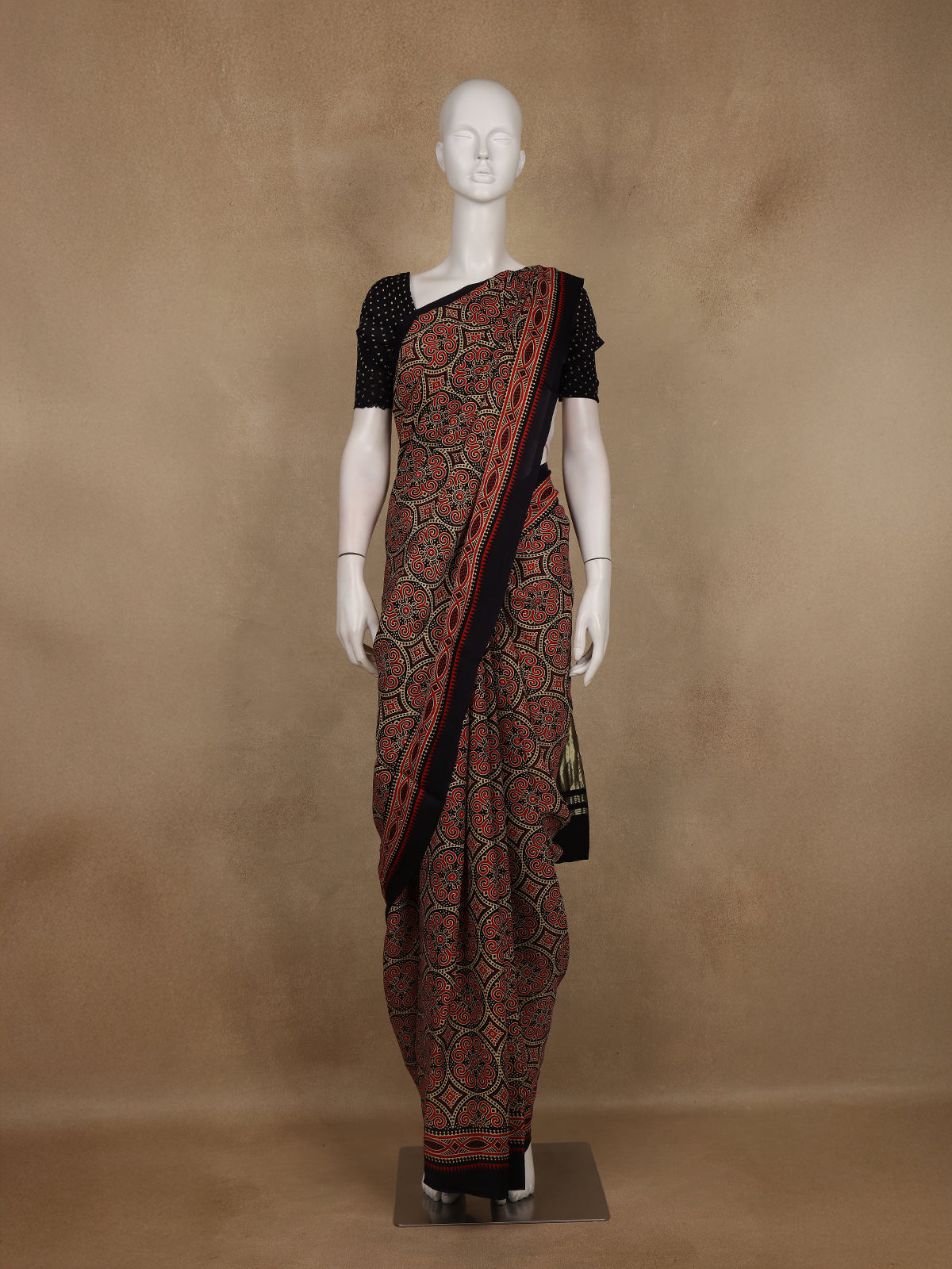 Navy Blue and Red Ajrakh Print Mul Mul Cotton Saree