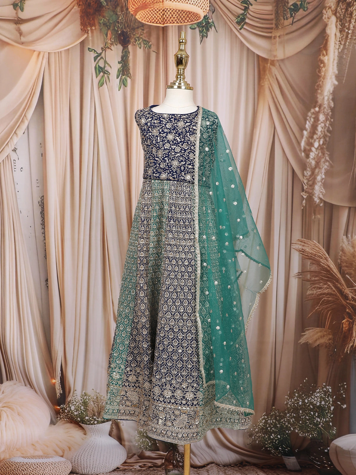 Navy Blue and Sea Green Floral Embroidered Design Georgette Kids Lehenga with Net Dupatta