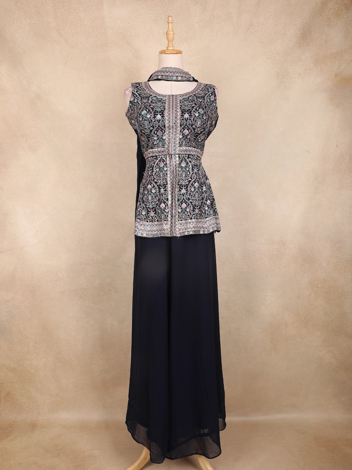Navy Blue and Teal Floral Embroidered Georgette Peplum Palazzo Suit with Choker Dupatta