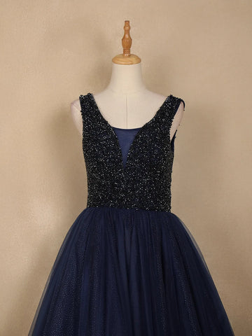 Navy Blue Beads And Glitter Worked Net Party Wear Gown - Diadem