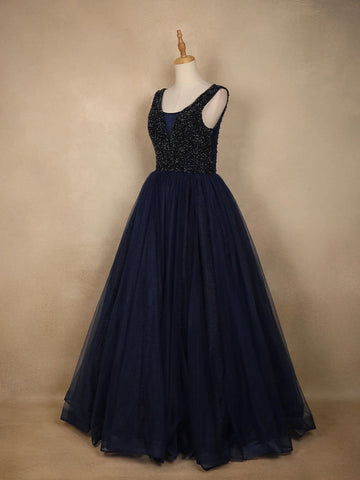 Navy Blue Beads And Glitter Worked Net Party Wear Gown - Diadem