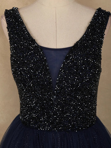 Navy Blue Beads And Glitter Worked Net Party Wear Gown - Diadem