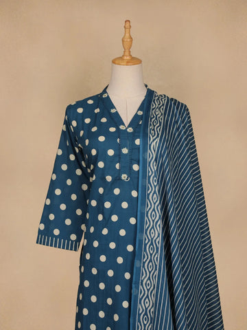 Navy Blue Dotted Designed Cotton Straight Cut Salwar Suit - Diadem