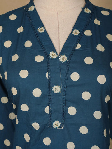 Navy Blue Dotted Designed Cotton Straight Cut Salwar Suit - Diadem