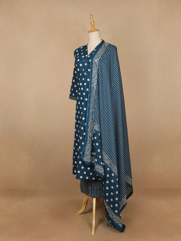 Navy Blue Dotted Designed Cotton Straight Cut Salwar Suit - Diadem
