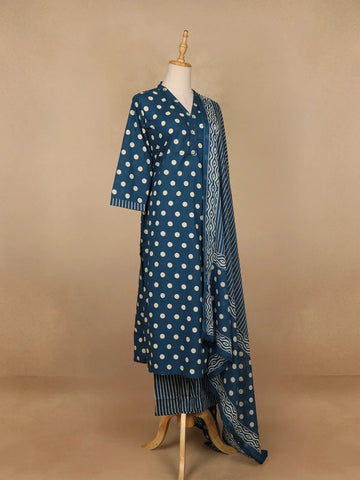 Navy Blue Dotted Designed Cotton Straight Cut Salwar Suit - Diadem