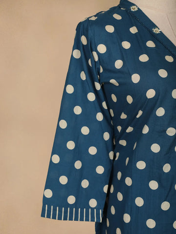 Navy Blue Dotted Designed Cotton Straight Cut Salwar Suit - Diadem