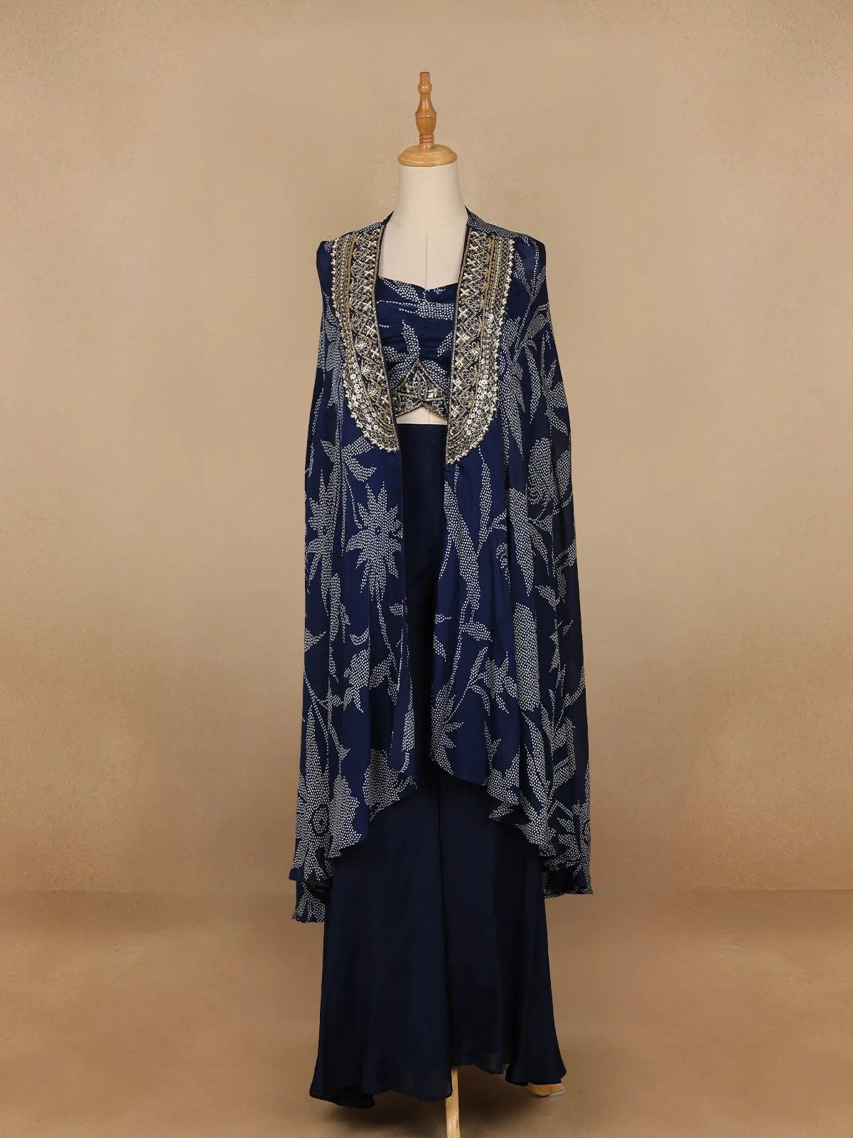 Navy Blue Floral Design Crepe Palazzo Suit - Diadem