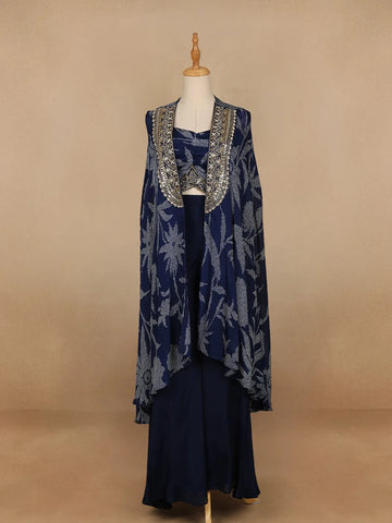 Navy Blue Floral Design Crepe Palazzo Suit - Diadem