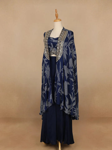 Navy Blue Floral Design Crepe Palazzo Suit - Diadem
