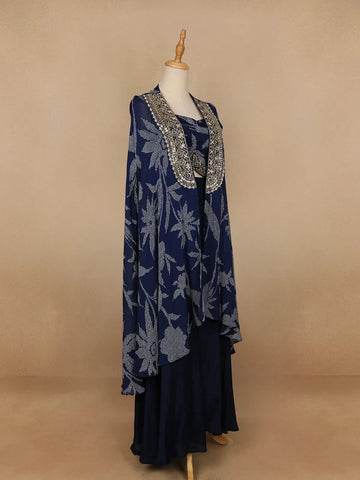Navy Blue Floral Design Crepe Palazzo Suit - Diadem