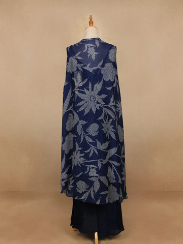 Navy Blue Floral Design Crepe Palazzo Suit - Diadem