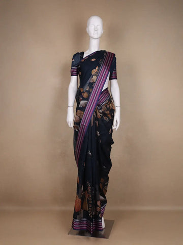 Navy Blue Floral And Bird Print Kota Cotton Saree with Woven Border - Diadem