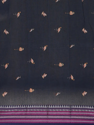 Navy Blue Floral And Bird Print Kota Cotton Saree with Woven Border - Diadem
